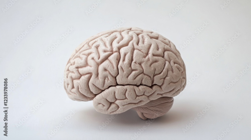 Close-up of a detailed human brain model with natural wrinkles and fading colors, representing the aging process, placed on a clean white background with ample space for text. Concept of neuroscience Close-up of a detailed human brain model with natural wrinkles and fading colors, representing the aging process, placed on a clean white background with ample space for text. Concept of neuroscience