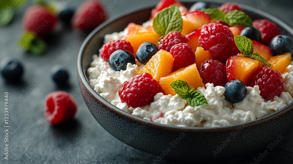 Fresh fruit salad with raspberries, blueberries, and peaches in a bowl on a dark surface Fresh fruit salad with raspberries, blueberries, and peaches in a bowl on a dark surface