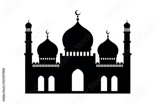 Black Silhouette of a Mosque with Domes and Minarets