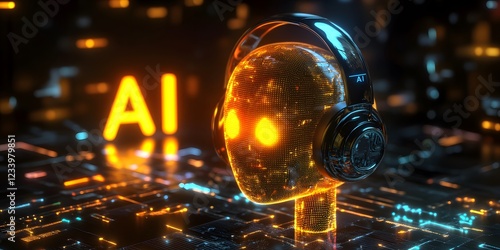 AI music concept with glowing headphones and digital sound waves on futuristic interface