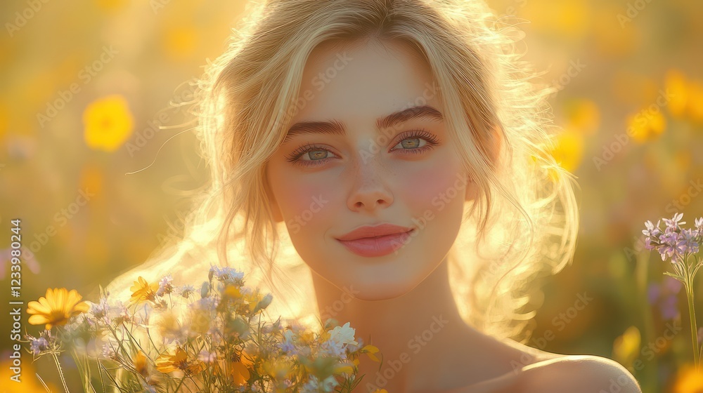 Golden Hour Beauty: A Portrait of a Blonde Woman in a Field of Flowers Golden Hour Beauty: A Portrait of a Blonde Woman in a Field of Flowers