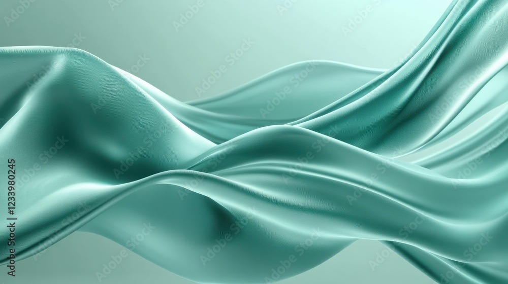 Obraz premium An abstract satin turquoise sea waves design featuring smooth curves and soft shadows on a clean, modern background.