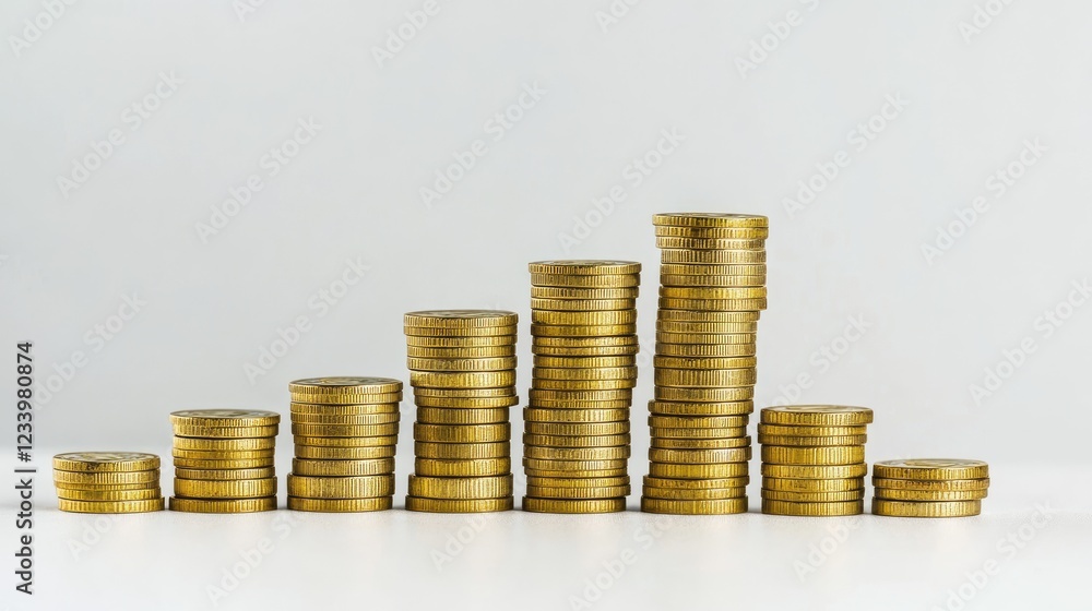 A bar chart made of golden coins forming an ascending trend, symbolizing financial growth, with copy space. A bar chart made of golden coins forming an ascending trend, symbolizing financial growth, with copy space.