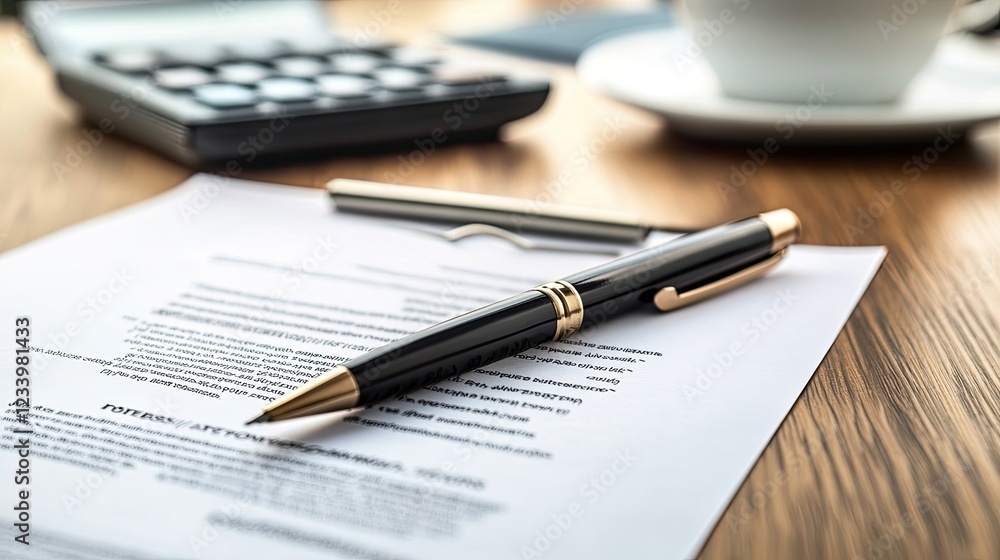 A business agreement document with a pen, calculator, and coffee cup on a professional desk, copy space. A business agreement document with a pen, calculator, and coffee cup on a professional desk, copy space.