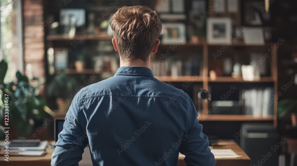 An adult Caucasian office worker in a blue shirt stands with his back to the viewer, observing his workspace. The scene reflects a professional business concept, emphasizing focus and organization. An adult Caucasian office worker in a blue shirt stands with his back to the viewer, observing his workspace. The scene reflects a professional business concept, emphasizing focus and organization.