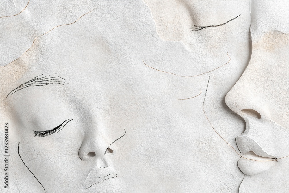 Elegant faces formed with fine black line art are delicately arranged over a soft beige background, creating a tranquil and artistic vibe perfect for contemporary decor Elegant faces formed with fine black line art are delicately arranged over a soft beige background, creating a tranquil and artistic vibe perfect for contemporary decor
