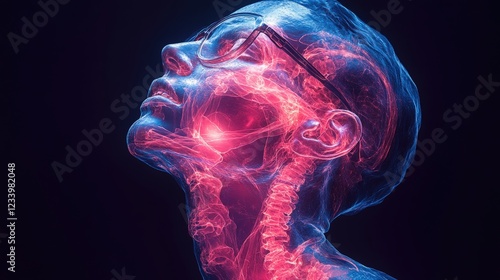 Womans head surrounded by red and blue smoke in artistic display of colors and movement