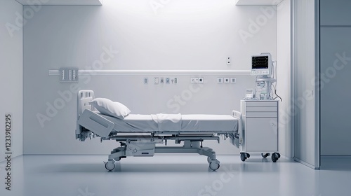 A clean, empty hospital room with a neatly made bed, medical equipment on a side table, and white walls providing ample copy space for healthcare-related content.