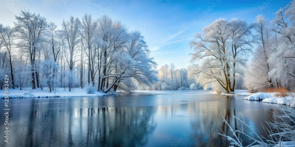 Snow-covered forest with bare trees and frozen lake in winter Snow-covered forest with bare trees and frozen lake in winter