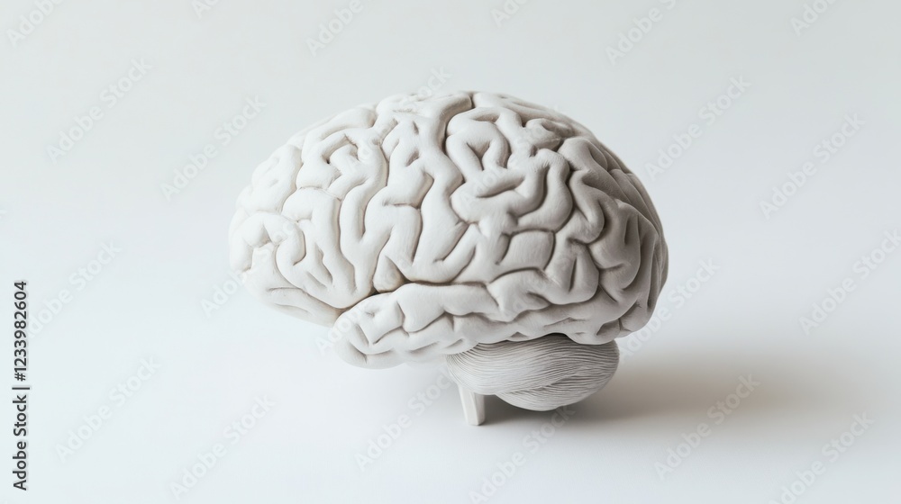 Close-up of a detailed human brain model with natural wrinkles and fading colors, representing the aging process, placed on a clean white background with ample space for text. Concept of neuroscience Close-up of a detailed human brain model with natural wrinkles and fading colors, representing the aging process, placed on a clean white background with ample space for text. Concept of neuroscience