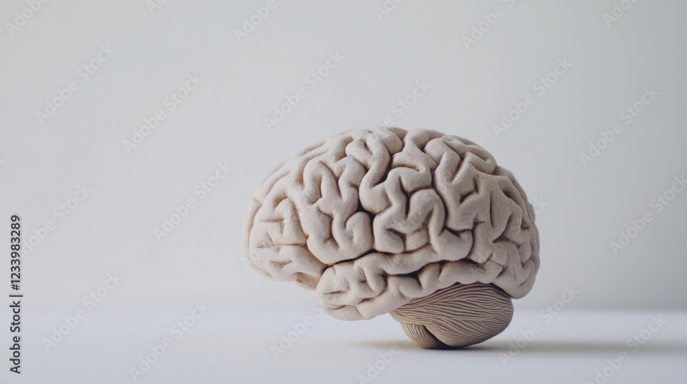 Close-up of a detailed human brain model with natural wrinkles and fading colors, representing the aging process, placed on a clean white background with ample space for text. Concept of neuroscience Close-up of a detailed human brain model with natural wrinkles and fading colors, representing the aging process, placed on a clean white background with ample space for text. Concept of neuroscience