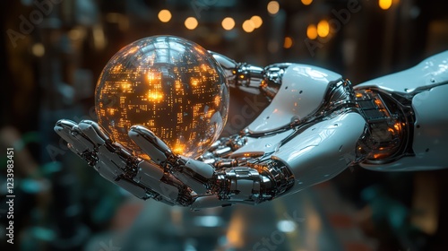 Robotic Hand Holding a Glowing Data Sphere