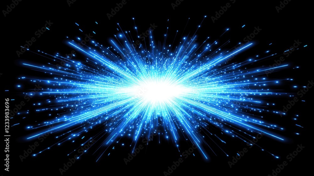 Fototapeta premium Abstract cyber explosion of digital light fragments, glowing blue particles scattering across a dark background with copy space.