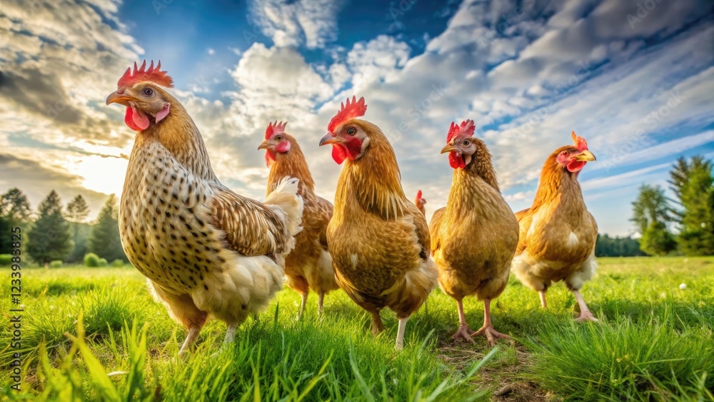 Fototapeta premium Chickens standing in a grassy field, showcasing a serene farm setting and capturing the chickens' natural behavior.