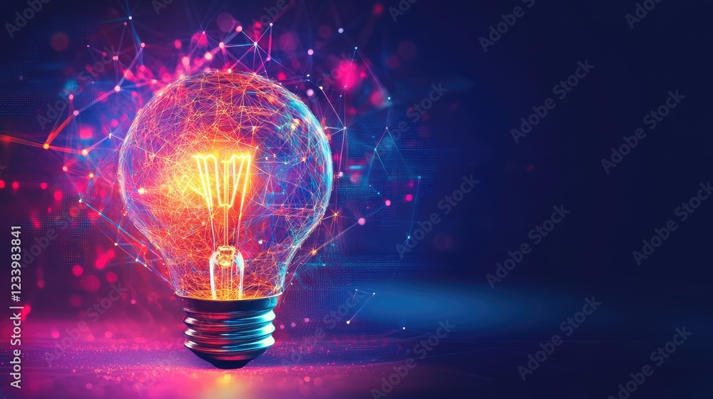 A creative business startup concept with lightbulb innovation and futuristic holographic tech, copy space. A creative business startup concept with lightbulb innovation and futuristic holographic tech, copy space.