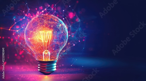A creative business startup concept with lightbulb innovation and futuristic holographic tech, copy space.