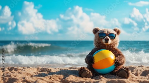 A bear wearing sunglasses and carrying a beach ball, sitting on a sandy shore with waves