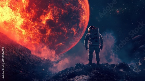 An astronaut stands on a rocky terrain with a giant glowing red planet looming in the motion background. The scene captures a dramatic space landscape with intense colors and cosmic elements. photo