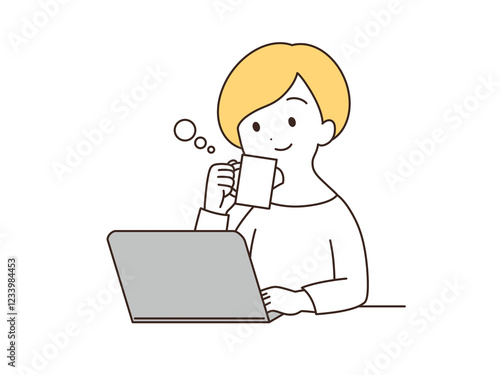 飲み物を飲みながらパソコンを操作する女性　イラスト素材