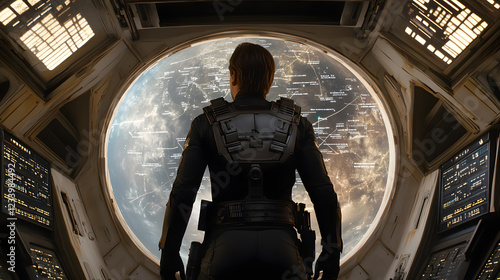 A lone figure in tactical gear stands before a large viewport displaying a planet with data overlays. The scene evokes a futuristic spaceship interior. photo