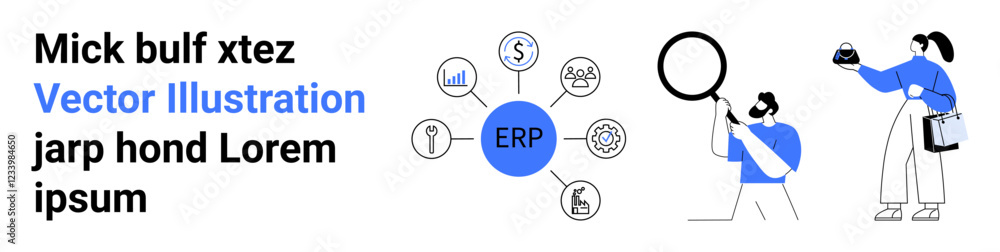 ERP hub connecting financial, manufacturing, and supply chain icons. Team using magnifying glass, holding data to evaluate systems. Ideal for business, tech, collaboration, organization finance ERP hub connecting financial, manufacturing, and supply chain icons. Team using magnifying glass, holding data to evaluate systems. Ideal for business, tech, collaboration, organization finance