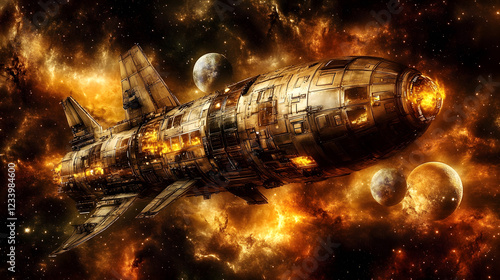 A futuristic spaceship hurtles through a fiery nebula, its engines ablaze. Planets and stars form a dramatic backdrop to this interstellar voyage. photo