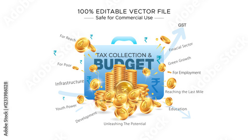 Indian Money and Budget Concept. Financial goals, Tax collection, Union Budget planning, and distribution design.