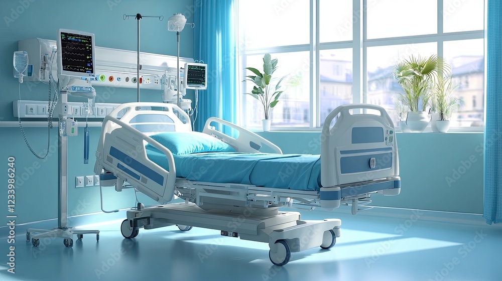 A hospital intensive care unit with high-tech equipment and a clean, empty bed, providing space for urgent care messaging. A hospital intensive care unit with high-tech equipment and a clean, empty bed, providing space for urgent care messaging.