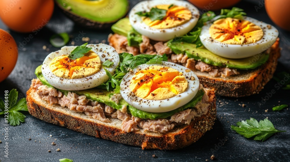 Sandwich with eggs avocado and tomato on a wooden cutting board in natural light