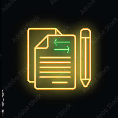 Neon glowing icon of a document editing concept with arrows indicating changes being made