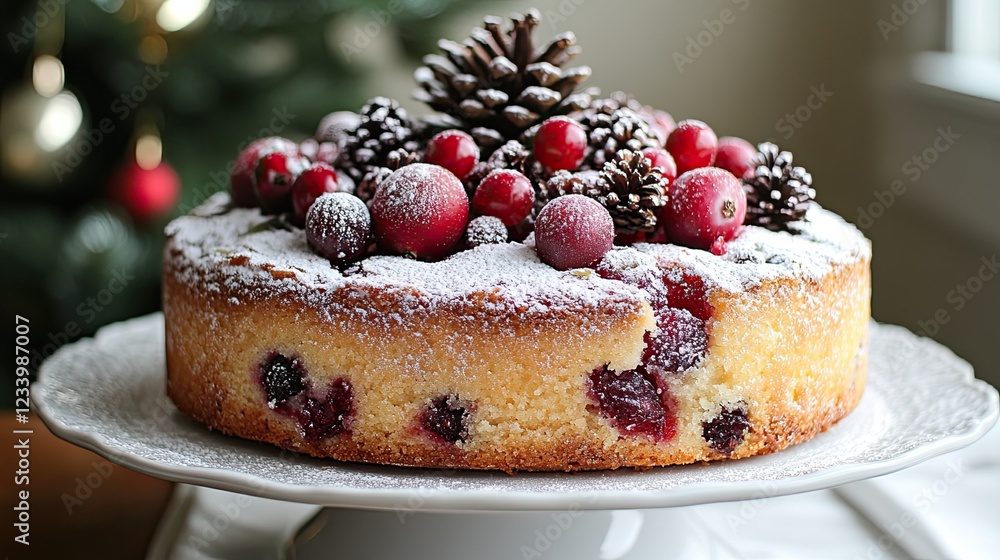 A fruitcake, dusted with icing sugar and decorated with red berries and pinecones, embodies the holiday spirit. A fruitcake, dusted with icing sugar and decorated with red berries and pinecones, embodies the holiday spirit.
