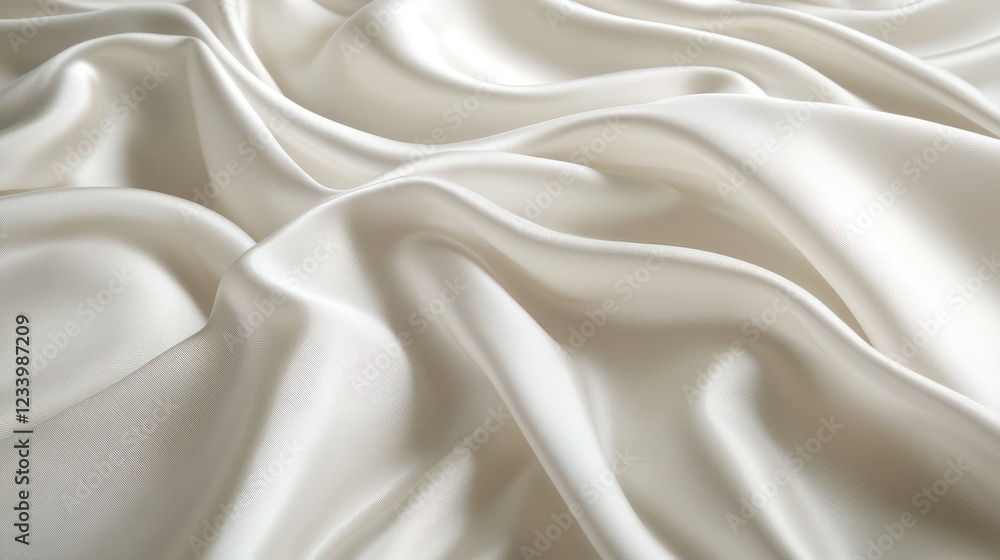 Fototapeta premium An elegant white silk wave drapery creates a flowing, abstract background with a smooth, textured appearance. The gentle undulations of the fabric evoke a sense of grace and sophistication.