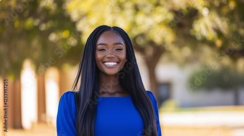 A young woman with long, dark black hair smiles brightly, dressed in a stylish blue dress that perfectly matches her energetic, joyful spirit. Her laughter fills the air as she exu photo