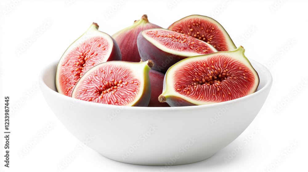 Fresh, ripe figs halved and displayed in white bowl, showcasing vibrant juicy interior and seeds against clean white backdrop Fresh, ripe figs halved and displayed in white bowl, showcasing vibrant juicy interior and seeds against clean white backdrop