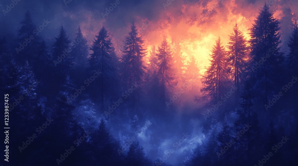 Naklejka premium Fiery sunset dramatically lights snowy forest scene vivid blue and orange hues. AI Generated