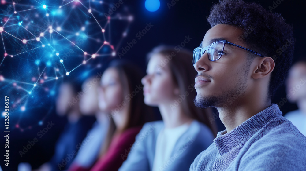 In a modern lecture hall, a group of students sit in focused attention, as animated scientific graphs, data visualizations, and equations hover in the air above them. These digital In a modern lecture hall, a group of students sit in focused attention, as animated scientific graphs, data visualizations, and equations hover in the air above them. These digital