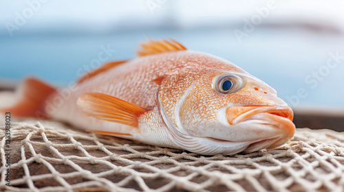 Freshly caught grouper fish lies on fishing net on boat deck, with blurred sea in background, showcasing the result of a successful fishing trip photo