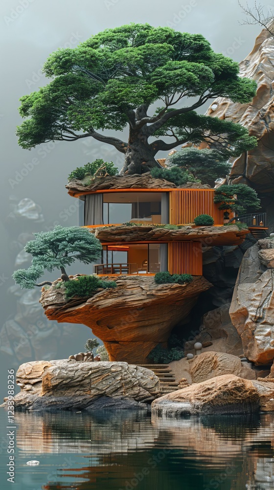 Obraz premium Serene Cliffside Modern House nestled in lush greenery tranquil lake view