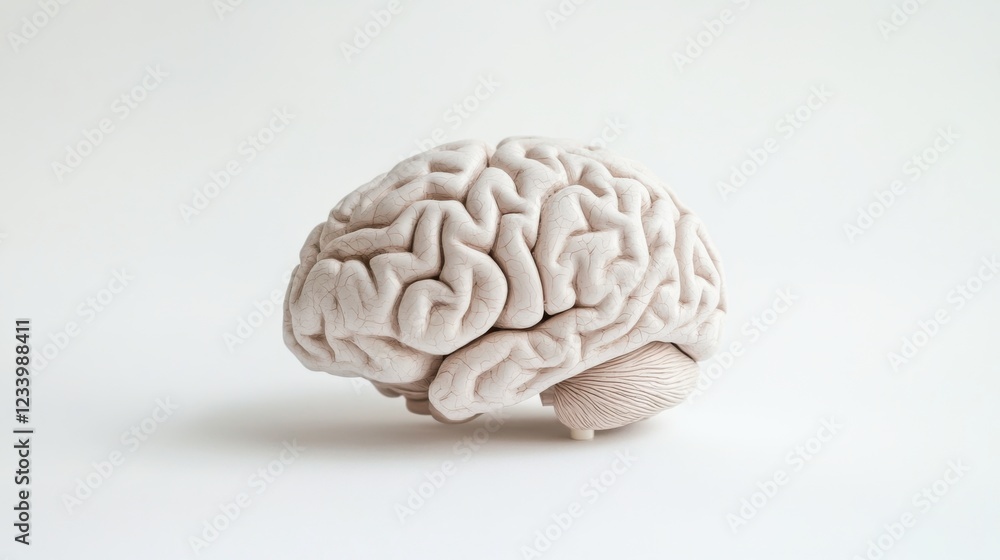 Close-up of a detailed human brain model with natural wrinkles and fading colors, representing the aging process, placed on a clean white background with ample space for text. Concept of neuroscience Close-up of a detailed human brain model with natural wrinkles and fading colors, representing the aging process, placed on a clean white background with ample space for text. Concept of neuroscience