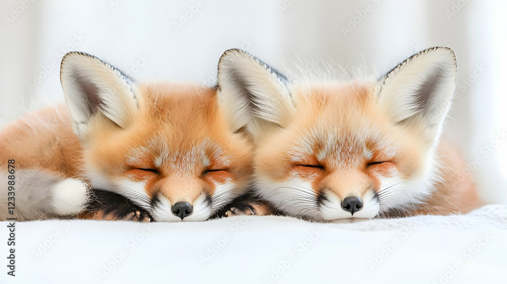 Two red fox kits sleeping peacefully, close-up Two red fox kits sleeping peacefully, close-up