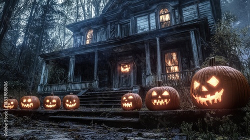 Creepy abandoned house with glowing pumpkins lined up along the front porch, soft fog rolling over the steps. Spooky copy space. photo