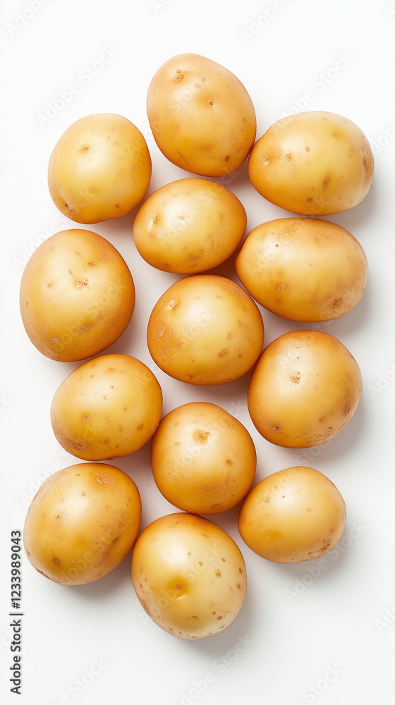 Several small, uncooked potatoes lie on clean white background, creating a simple yet appealing composition, ideal for food-related projects Several small, uncooked potatoes lie on clean white background, creating a simple yet appealing composition, ideal for food-related projects