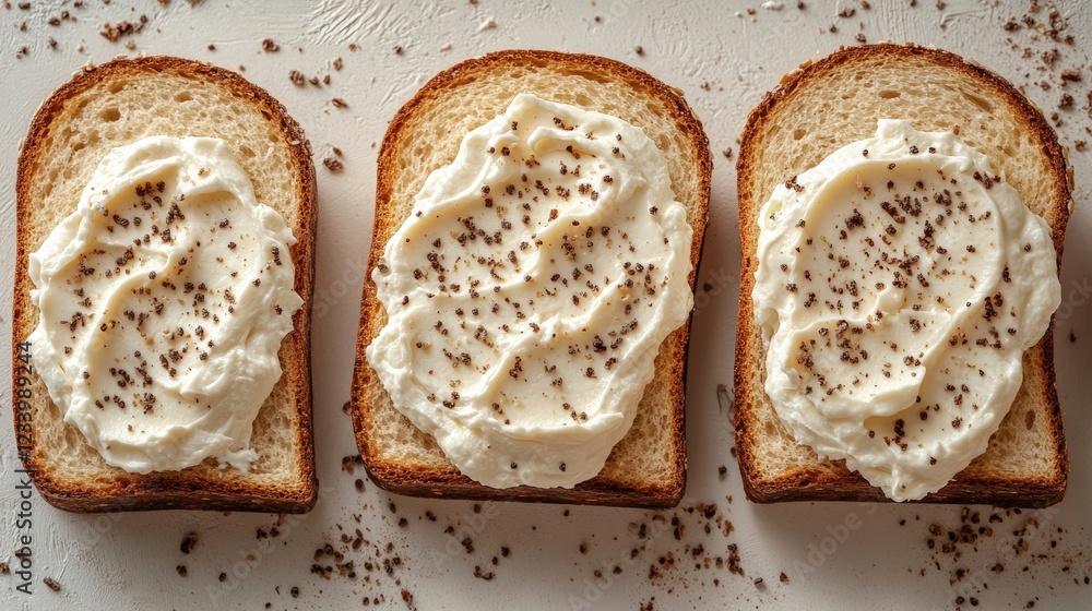 Three slices of bread arranged on a wooden cutting board in a kitchen setting Three slices of bread arranged on a wooden cutting board in a kitchen setting