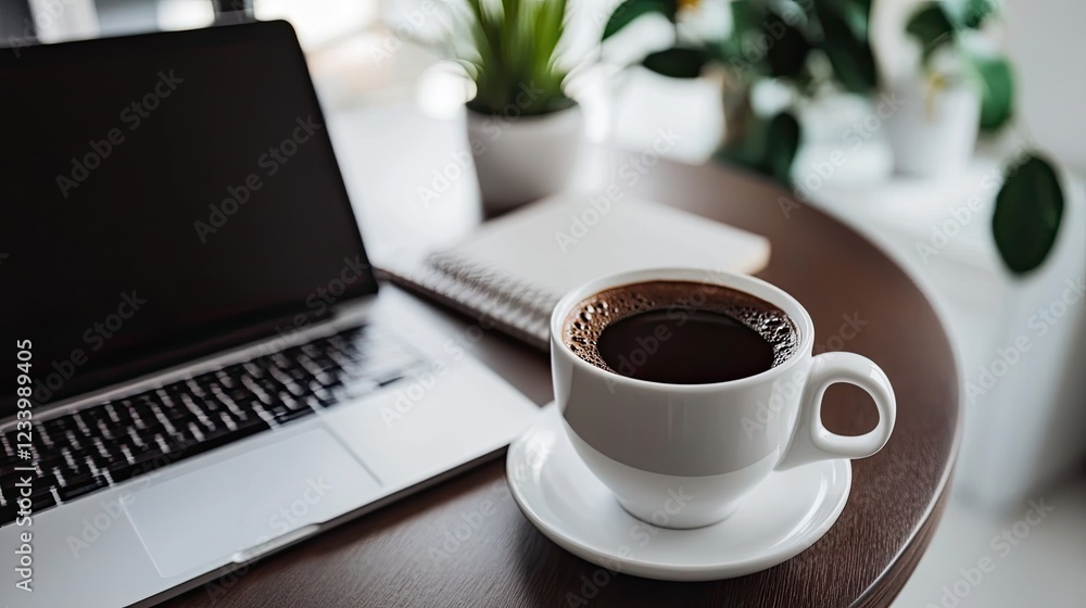 A sleek, minimalist desk with a laptop, coffee cup, and notebook, leaving room for tips about working remotely from home. A sleek, minimalist desk with a laptop, coffee cup, and notebook, leaving room for tips about working remotely from home.