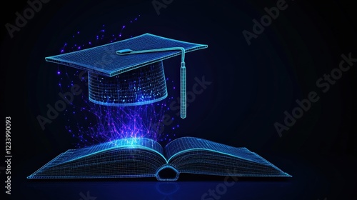Graduation cap resting on an open book with blank pages on a table background