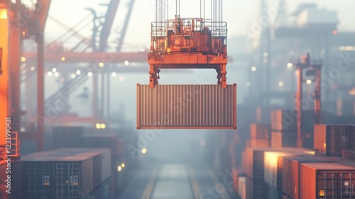 Giant crane lifts cargo container at busy port sunrise light. AI Generated photo