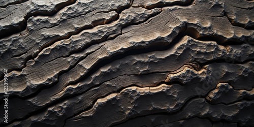 Rugged tree trunk with rugged bark; dark, jagged patches create an intricate mosaic of textures.  photo