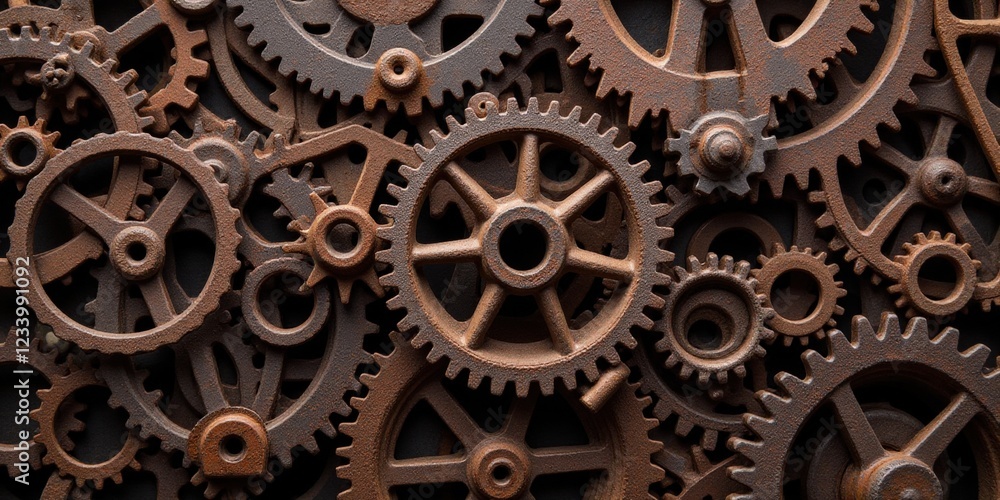 A captivating arrangement of rust-tinged gears forms a mesmerizing circle; the central giant is flanked by intricately detailed smaller cogs. Each gear tells its own story of time-worn mechanics A captivating arrangement of rust-tinged gears forms a mesmerizing circle; the central giant is flanked by intricately detailed smaller cogs. Each gear tells its own story of time-worn mechanics