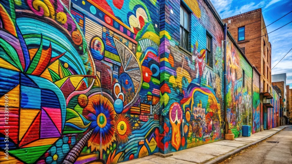 Fototapeta premium Vibrant colourful graffiti art on a city wall with abstract shapes and patterns, creating a visually appealing scene, urban art, street art