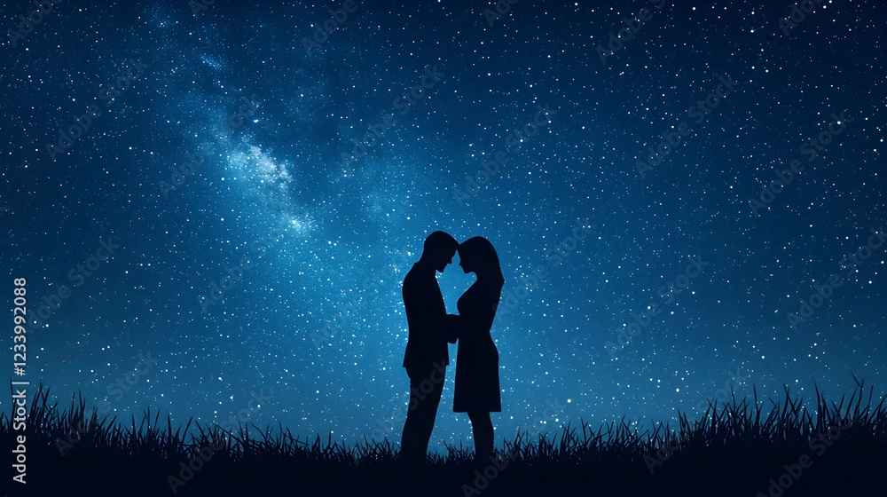Obraz premium Romantic Silhouette of Couple Under Starry Night Sky